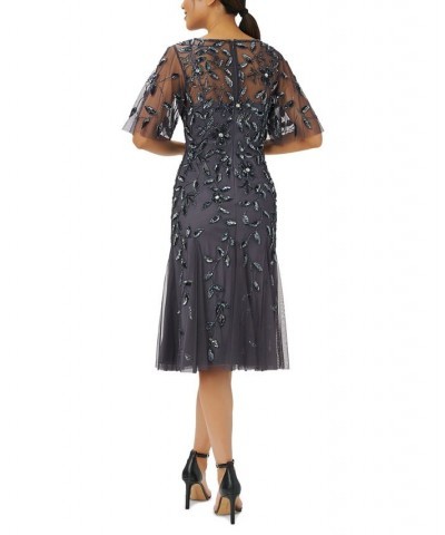 Embellished Flutter-Sleeve A-Line Dress Gunmetal $98.26 Dresses