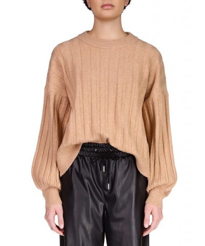 Women's Cozy Wide-Ribbed Blouson-Sleeve Sweater Tan/Beige $29.16 Sweaters
