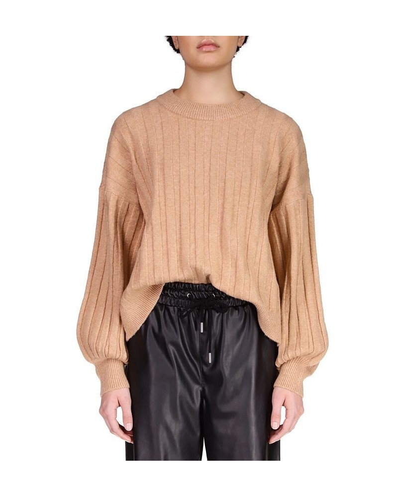 Women's Cozy Wide-Ribbed Blouson-Sleeve Sweater Tan/Beige $29.16 Sweaters