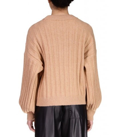 Women's Cozy Wide-Ribbed Blouson-Sleeve Sweater Tan/Beige $29.16 Sweaters