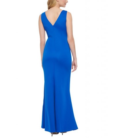 Women's Solid Ruched V-Back Gown Cobalt $66.78 Dresses