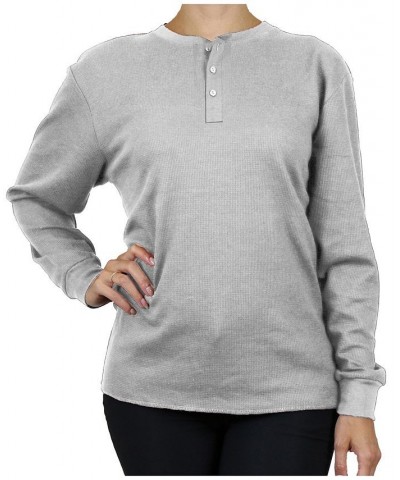 Women's Oversize Loose Fitting Waffle-Knit Henley Thermal Sweater Heather Gray $17.64 Sweaters