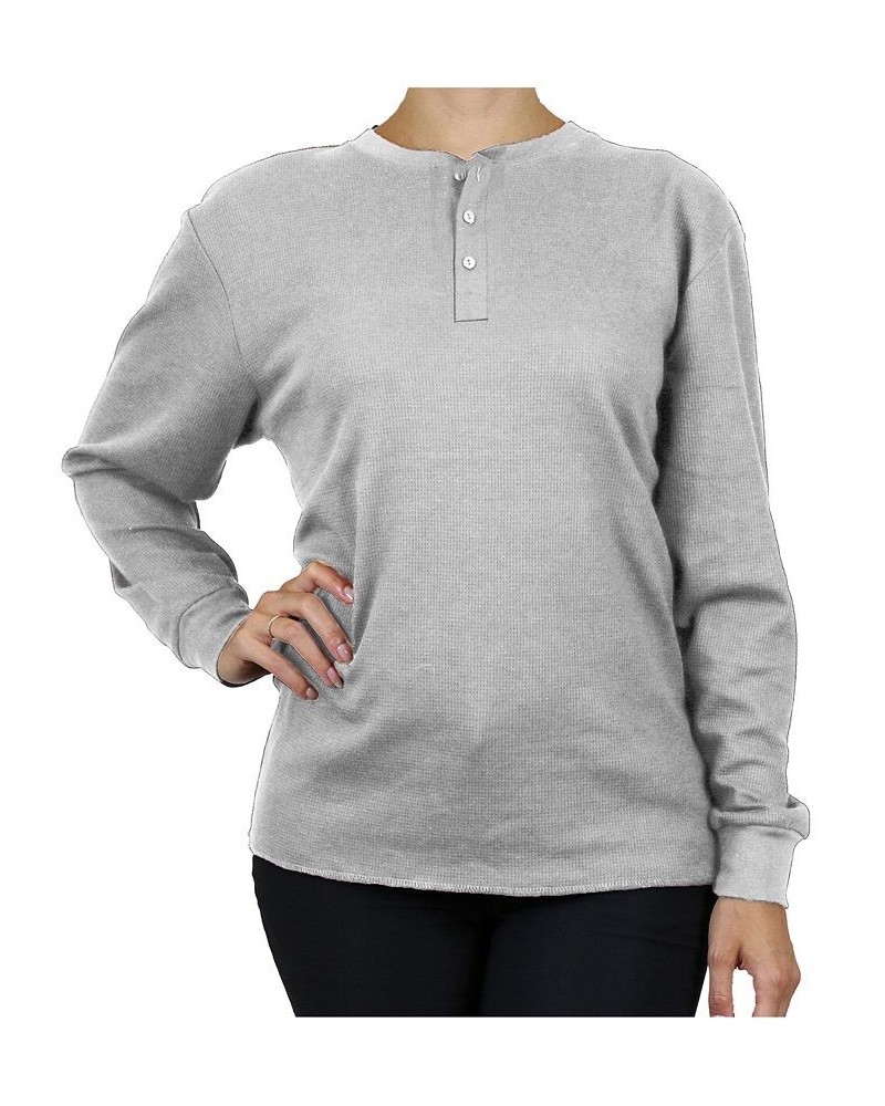 Women's Oversize Loose Fitting Waffle-Knit Henley Thermal Sweater Heather Gray $17.64 Sweaters