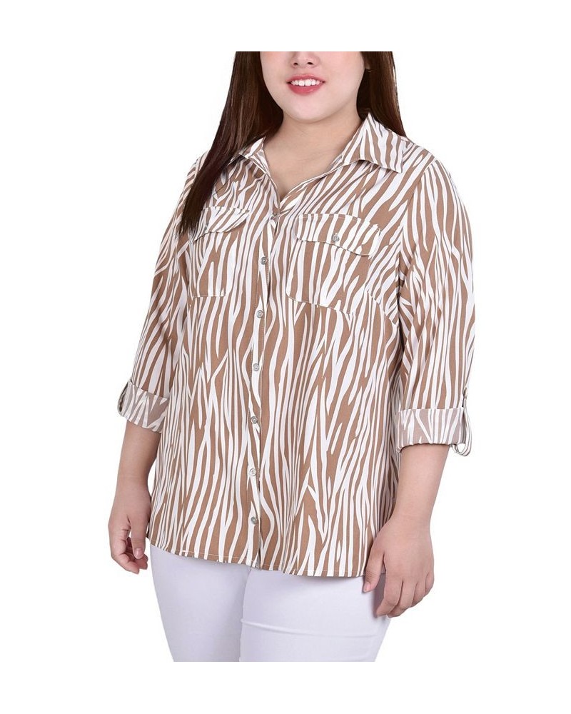 Plus Size 3/4 Sleeve Roll Tab Notch Collar Blouse Praline White Animal $16.64 Tops