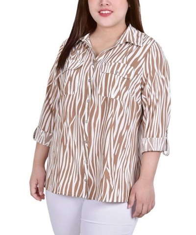 Plus Size 3/4 Sleeve Roll Tab Notch Collar Blouse Praline White Animal $16.64 Tops