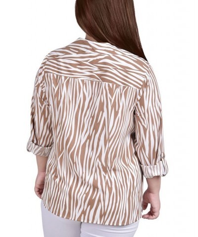 Plus Size 3/4 Sleeve Roll Tab Notch Collar Blouse Praline White Animal $16.64 Tops