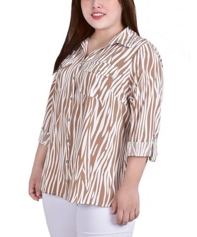 Plus Size 3/4 Sleeve Roll Tab Notch Collar Blouse Praline White Animal $16.64 Tops