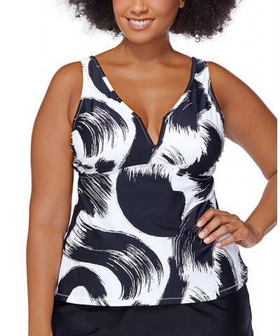 Trendy Plus Size Tanzania Printed Tankini Top Black/White $34.20 Swimsuits