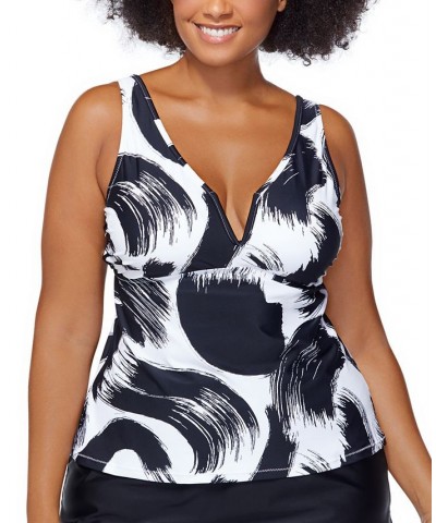 Trendy Plus Size Tanzania Printed Tankini Top Black/White $34.20 Swimsuits