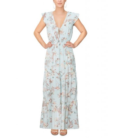 Women's Alice Printed Flutter-Sleeve Maxi Dress Sky Floral $50.70 Dresses