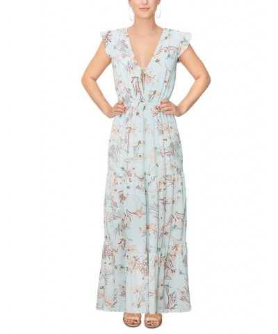 Women's Alice Printed Flutter-Sleeve Maxi Dress Sky Floral $50.70 Dresses