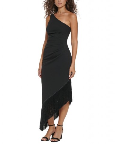 Women's One-Shoulder High-Low Fringe-Hem Midi Dress Black $69.42 Dresses