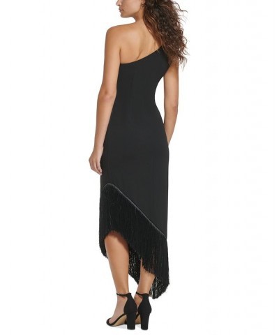 Women's One-Shoulder High-Low Fringe-Hem Midi Dress Black $69.42 Dresses