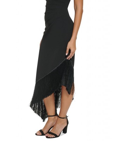 Women's One-Shoulder High-Low Fringe-Hem Midi Dress Black $69.42 Dresses