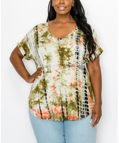 Plus Size Hand Tie Dye V-Neck Rolled Sleeve Top Taupe/Olive $21.45 Tops