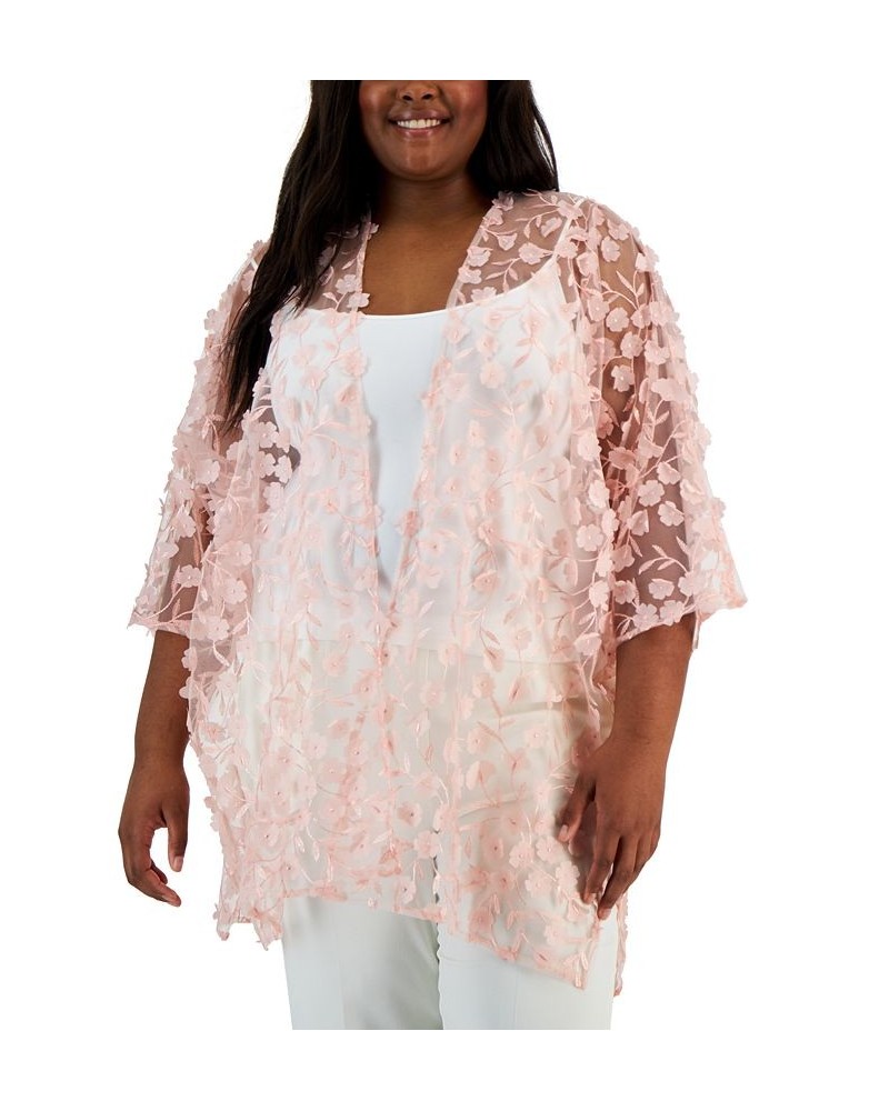 Plus Size Oversized Floral-Applique Side-Slit Sheer Cardigan Top Cherry Blossom $37.59 Tops