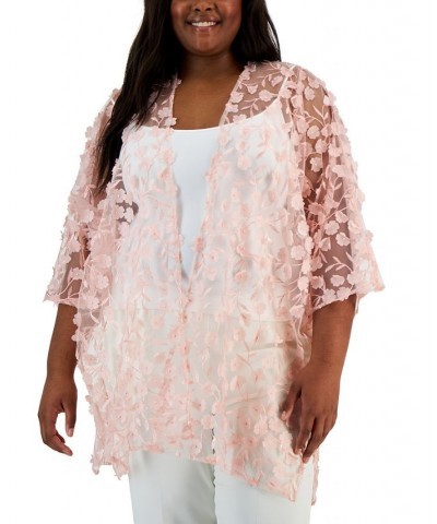 Plus Size Oversized Floral-Applique Side-Slit Sheer Cardigan Top Cherry Blossom $37.59 Tops