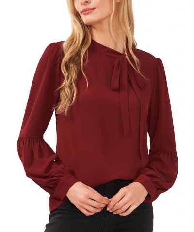 Women's Solid Long Sleeve Tie-Neck Puff-Sleeve Blouse Claret Red $41.83 Tops