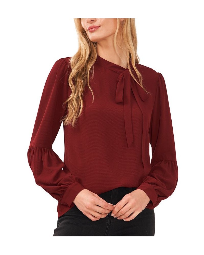 Women's Solid Long Sleeve Tie-Neck Puff-Sleeve Blouse Claret Red $41.83 Tops