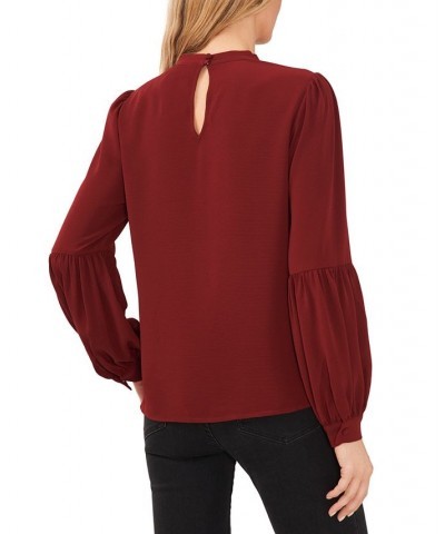 Women's Solid Long Sleeve Tie-Neck Puff-Sleeve Blouse Claret Red $41.83 Tops