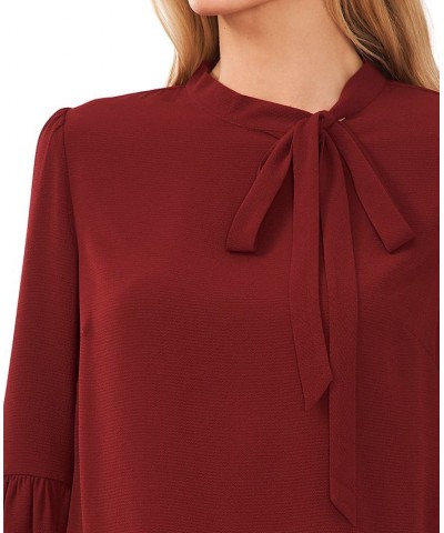 Women's Solid Long Sleeve Tie-Neck Puff-Sleeve Blouse Claret Red $41.83 Tops