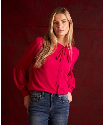 Women's Solid Long Sleeve Tie-Neck Puff-Sleeve Blouse Claret Red $41.83 Tops