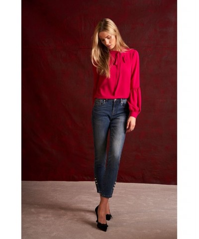 Women's Solid Long Sleeve Tie-Neck Puff-Sleeve Blouse Claret Red $41.83 Tops