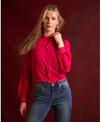 Women's Solid Long Sleeve Tie-Neck Puff-Sleeve Blouse Claret Red $41.83 Tops