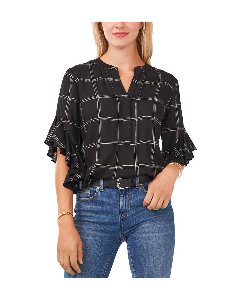 Plaid Flutter-Sleeve Henley Blouse Rich Black $41.83 Tops