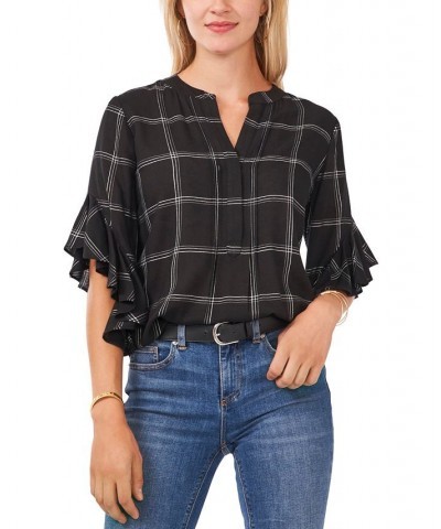 Plaid Flutter-Sleeve Henley Blouse Rich Black $41.83 Tops