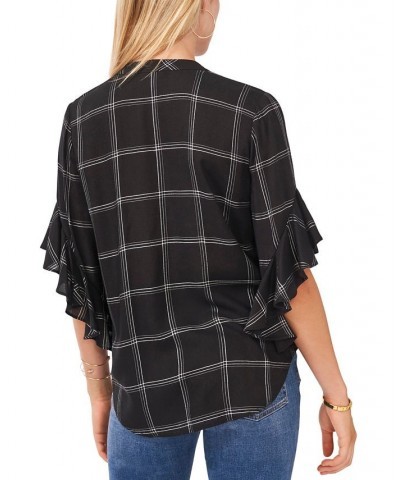 Plaid Flutter-Sleeve Henley Blouse Rich Black $41.83 Tops