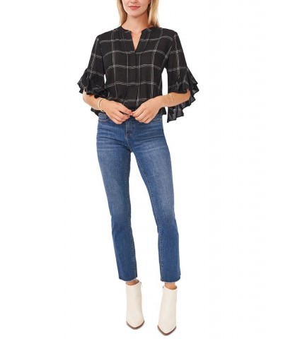 Plaid Flutter-Sleeve Henley Blouse Rich Black $41.83 Tops