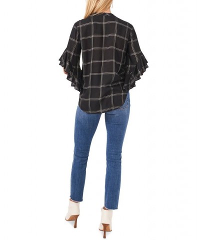 Plaid Flutter-Sleeve Henley Blouse Rich Black $41.83 Tops