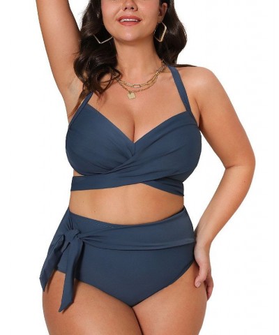 Women's Wrap Bralette & Knotted Sash High Waist Plus Size Bikini Set Blue $27.02 Swimsuits