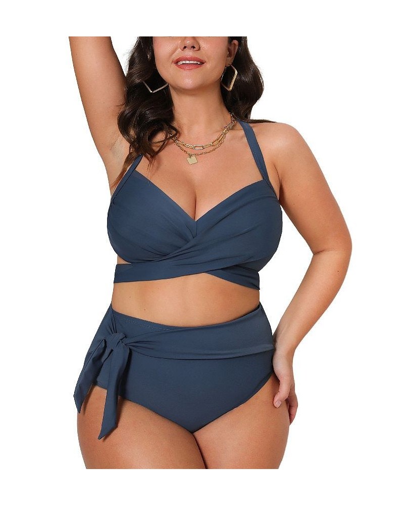 Women's Wrap Bralette & Knotted Sash High Waist Plus Size Bikini Set Blue $27.02 Swimsuits