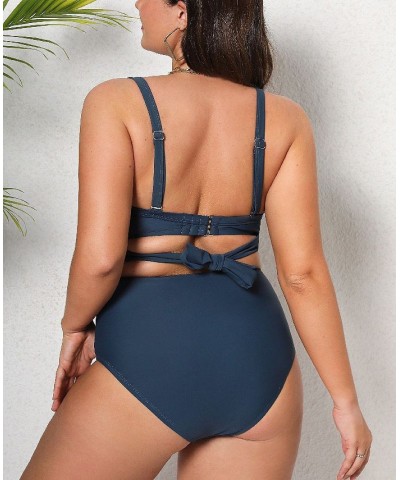 Women's Wrap Bralette & Knotted Sash High Waist Plus Size Bikini Set Blue $27.02 Swimsuits