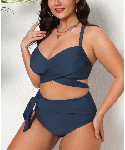 Women's Wrap Bralette & Knotted Sash High Waist Plus Size Bikini Set Blue $27.02 Swimsuits