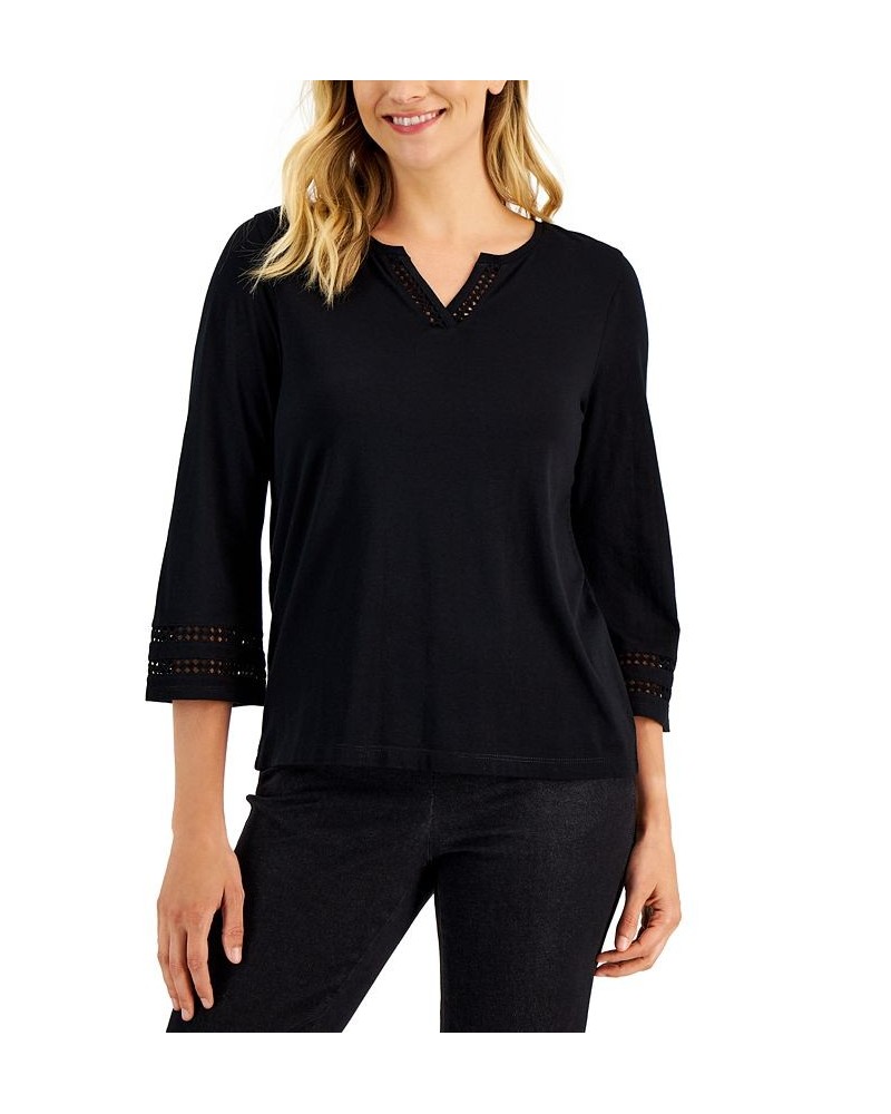 Women's Ladder Trim 3/4-Sleeve Split-Neck Top Black $10.67 Tops