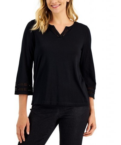 Women's Ladder Trim 3/4-Sleeve Split-Neck Top Black $10.67 Tops