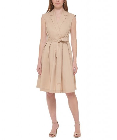 Women's Belted Notched-Lapel Dress Sand $31.82 Dresses