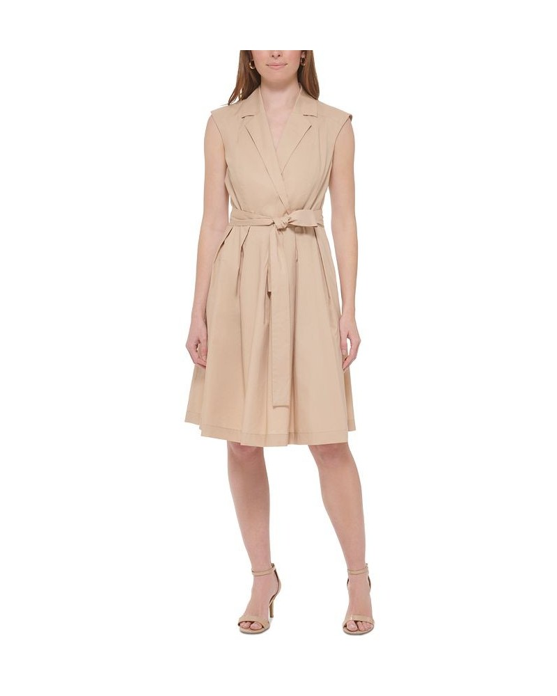 Women's Belted Notched-Lapel Dress Sand $31.82 Dresses