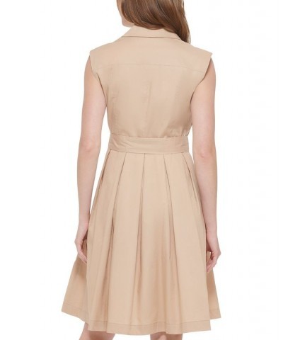 Women's Belted Notched-Lapel Dress Sand $31.82 Dresses