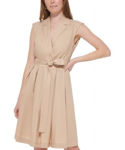 Women's Belted Notched-Lapel Dress Sand $31.82 Dresses