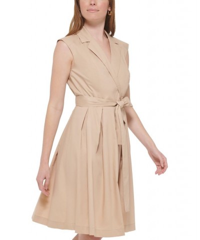 Women's Belted Notched-Lapel Dress Sand $31.82 Dresses