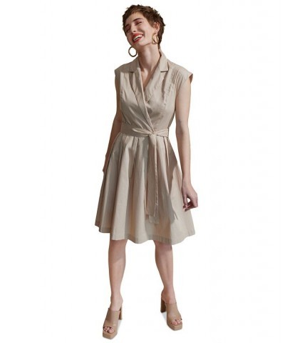 Women's Belted Notched-Lapel Dress Sand $31.82 Dresses