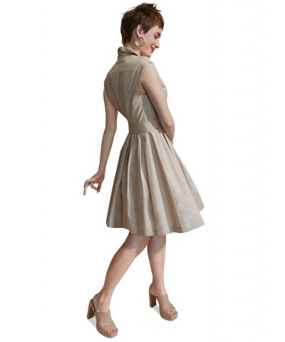 Women's Belted Notched-Lapel Dress Sand $31.82 Dresses