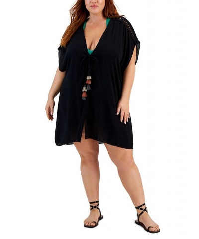 Trendy Plus Size Globe Trotter Tasseled-Tie Tunic Cover-Up Black $50.76 Swimsuits