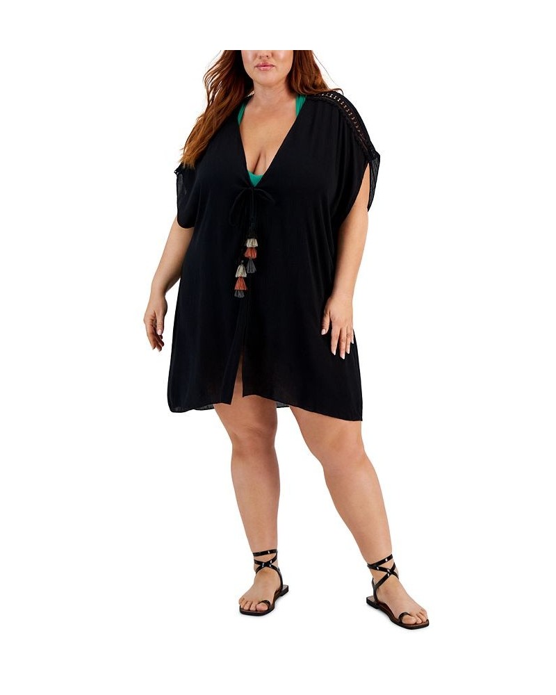 Trendy Plus Size Globe Trotter Tasseled-Tie Tunic Cover-Up Black $50.76 Swimsuits