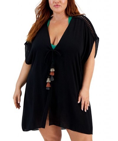 Trendy Plus Size Globe Trotter Tasseled-Tie Tunic Cover-Up Black $50.76 Swimsuits