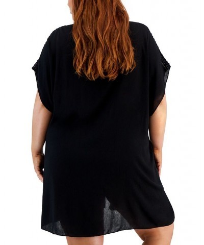 Trendy Plus Size Globe Trotter Tasseled-Tie Tunic Cover-Up Black $50.76 Swimsuits